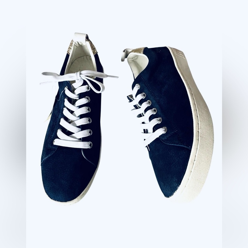 Fly London Marco8 Blue Gold Suede Sneakers NWT Size 38